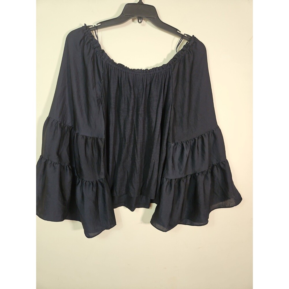 Anthropologie Black Off The Shoulder Black Top Size M Tiered Wide Bell Sleeve - Picture 6 of 7